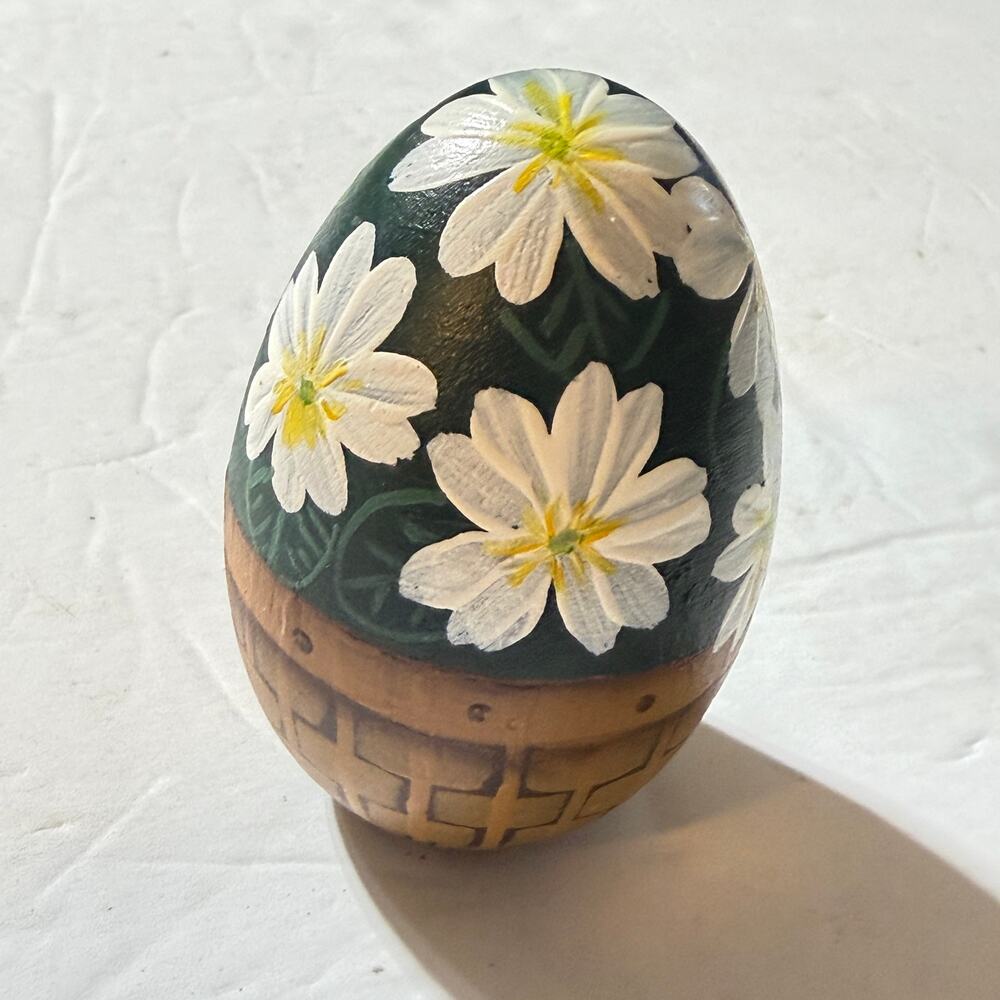 Hand Painted Wooden Egg Floral Basket Weave Signed Lynn 2003 Folk Art Decor